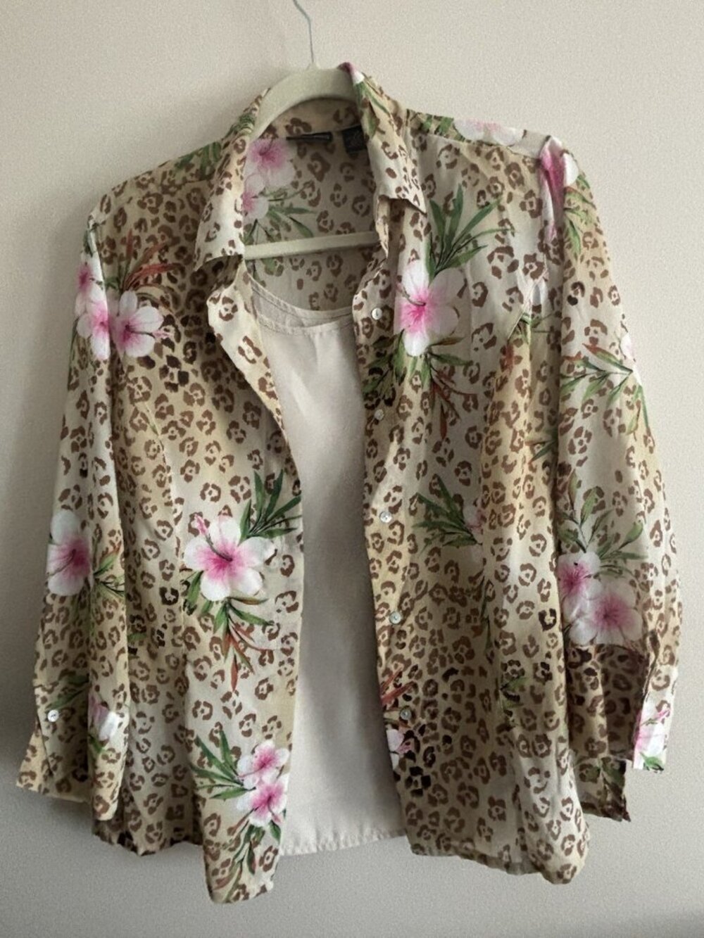 Laura Scott Woman Animal Print and Floral Blouse Top Cami Sheer Brown Pink 12‎ - Picture 2 of 12
